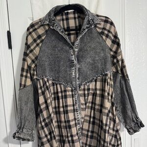 Plaid and Washed Denim Mixed-Print Shirt Dress in Beige/Black